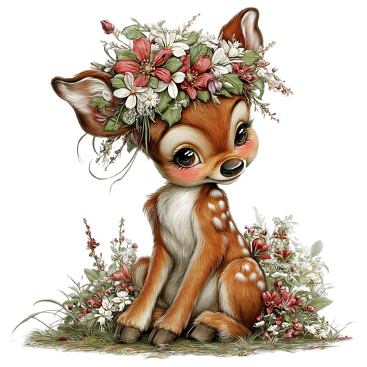 brown and white fawn, rust red, cream, forest green, floral, woodland animals, deer, nature, whimsical, vintage, botanical, cottage core, baby animal, springtime, summer, dreamy, sweet, gentle, nursery, baby quilt, wall hanging, children's decor, damask flowers, red and white blooms, woodland theme, rustic farmhouse, storybook, enchanted forest