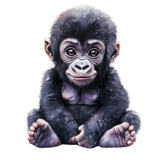 chimpanzee, baby animal, wildlife, primate, black, charcoal, dark gray, taupe, blush pink, peach, whimsical, cute, playful, portrait, realistic, nature, animal illustration, nursery, children's, baby, adorable, sitting pose, expressive eyes, detailed, lifelike, contemporary, illustrative