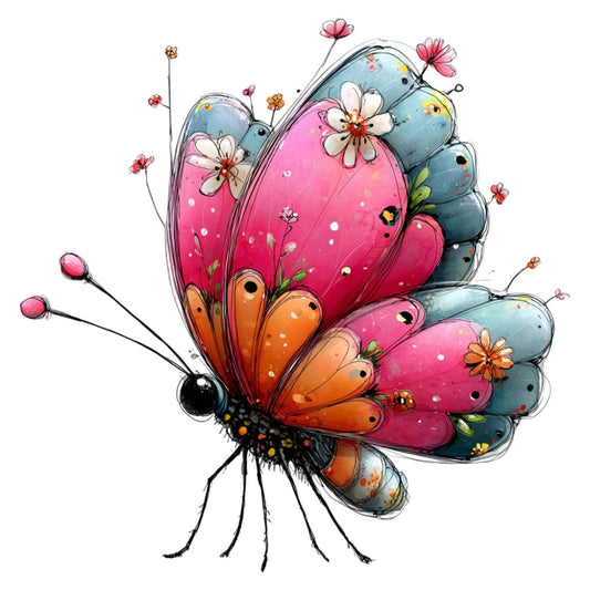 butterfly, whimsical, floral, nature, colorful, coral pink, hot pink, magenta, orange, blue-grey, slate blue, multicolor, insects, flowers, bees, spring, summer, garden theme, whimsy, playful, cheerful, bright, vibrant, fantasy, children's, wall hanging, novelty, botanical, blooming, delicate flowers