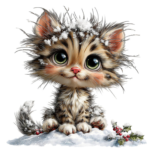 adorable kitten, whimsical cat, festive holiday, winter snow, christmas theme, baby animals, sweet face, big eyes, tabby cat, snow covered, frost details, red berries, holly leaves, winter wonderland, cozy christmas, seasonal decor, children's fabric, nursery, warm browns, cream white, soft pastels, charming illustration, festive decoration, holiday panel, cute character, magical winter, snowy landscape, baby quilt, wall hanging, enchanted forest
