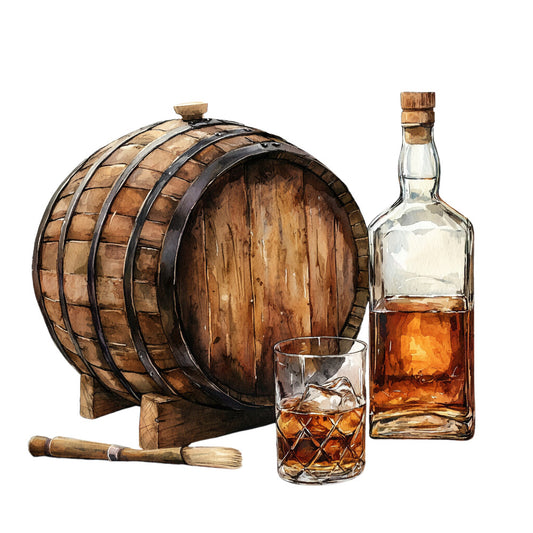 bourbon barrel, whiskey bottle, crystal glass, amber liquid, wooden staves, metal hoops, cork stopper, brown tones, golden amber, clear glass, rustic wood, distillery theme, alcohol motif, vintage style, fabric panel, quilting cotton, beverage design, barrel aging, whiskey tasting, spirits illustration