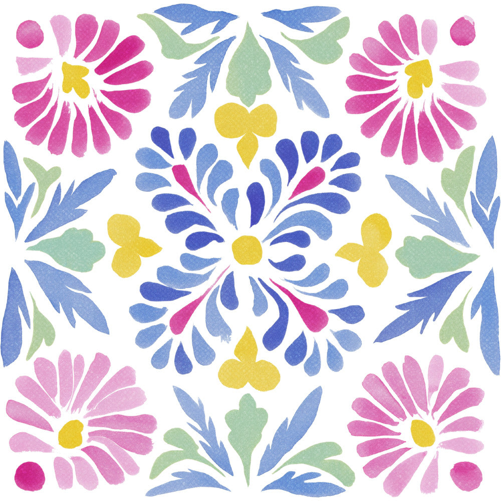 magenta pink, hot pink, pale pink, yellow, cornflower blue, navy blue, sage green, mint green, floral, daisy, symmetrical, folk art, mexican inspired, botanical, nature, spring, summer, vibrant, colorful, whimsical, traditional, bright, cheerful, petal motifs, leaf motifs, hand painted, watercolor style, festive, bohemian, garden theme