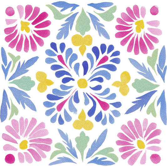 magenta pink, hot pink, pale pink, yellow, cornflower blue, navy blue, sage green, mint green, floral, daisy, symmetrical, folk art, mexican inspired, botanical, nature, spring, summer, vibrant, colorful, whimsical, traditional, bright, cheerful, petal motifs, leaf motifs, hand painted, watercolor style, festive, bohemian, garden theme