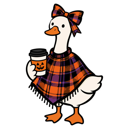 halloween goose, fall plaid, autumn plaid, orange plaid, purple plaid, black plaid, tartan pattern, buffalo check, pumpkin orange, halloween coffee, whimsical animals, farmhouse style, folk art, seasonal fall, cozy autumn, jack-o-lantern, festive halloween, plaid bow, cute goose, traditional plaid, rustic farmhouse, fall harvest, autumn décor, holiday themed, coffee lover, flannel plaid, warm tones, cottage core, harvest season, halloween décor