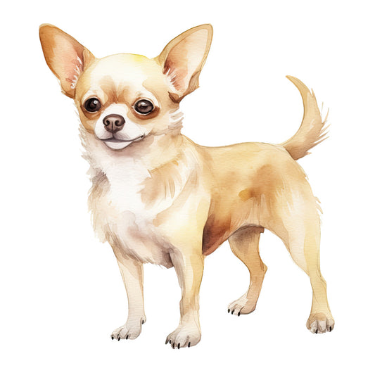 Watercolor Dogs Fabric Panel 35 features a detailed, premium quilting cotton print of a light tan Chihuahua dog.