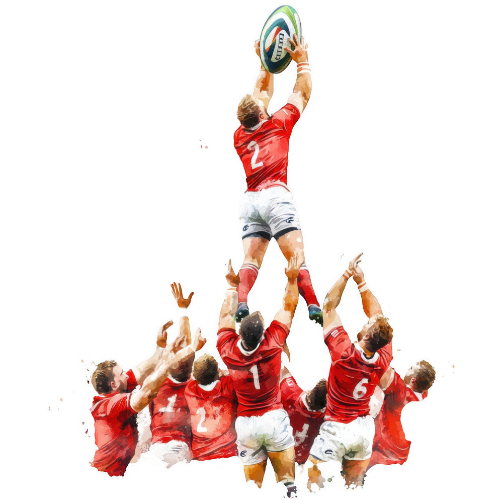 red, white, navy blue, sports, rugby, team sports, action, athletic, dynamic, watercolor, abstract, modern, contemporary, male athletes, competitive spirit, teamwork, strength, power, celebration, victory, sports enthusiasm, masculine, energetic, inspirational, motivational, wall art, home decor, sports fan, bold colors, painterly style