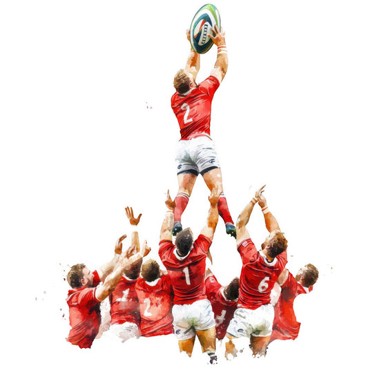 red, white, navy blue, sports, rugby, team sports, action, athletic, dynamic, watercolor, abstract, modern, contemporary, male athletes, competitive spirit, teamwork, strength, power, celebration, victory, sports enthusiasm, masculine, energetic, inspirational, motivational, wall art, home decor, sports fan, bold colors, painterly style