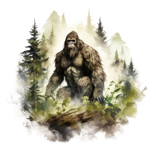 bigfoot, sasquatch, cryptid, woodland, forest, nature, wildlife, animals, misty, foggy, atmospheric, brown, tan, olive green, sage green, cream, beige, rustic, mysterious, cryptozoology, legend, folklore, adventure, outdoor, cabin, mountain, trees, coniferous, ethereal, watercolor