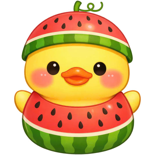 bright yellow, red, lime green, watermelon, cute animals, whimsical, kawaii, chick, duck, fruit, summer, spring, cheerful, playful, children's fabric, baby quilt, nursery, food theme, adorable, vibrant colors, happy face, striped watermelon, nature inspired, fun pattern, colorful design, sweet style, kids' apparel, summer theme, fruit motif
