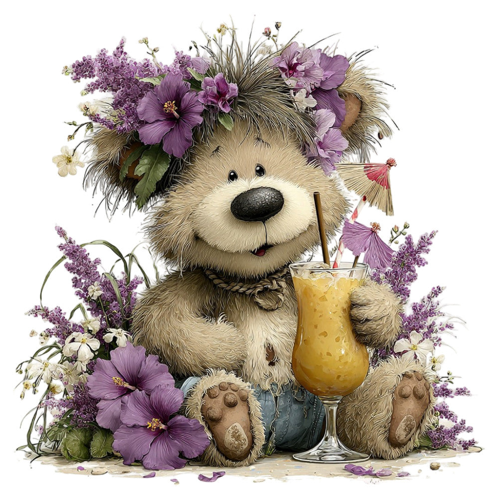 teddy bear, purple flowers, lilac, lavender, cream, beige, whimsical, cute animals, floral, nature, spring, summer, children's, baby, adorable, character panel, bears with flowers, botanical, decorative, charming, playful, soft colors, pastel, beverage, illustrated, storybook style, mauve, ivory, garden theme, kids fabric