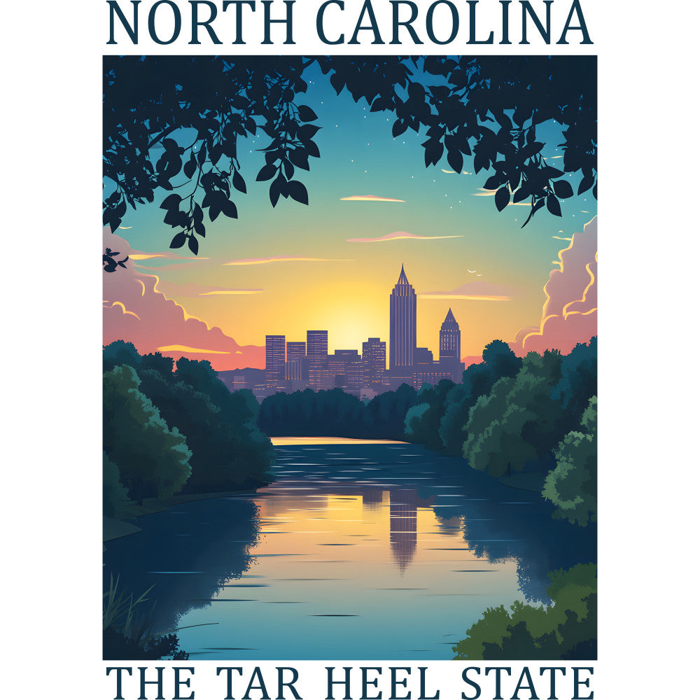 fabric panel, north carolina, tar heel state, city skyline, river scene, sunset colors, teal blue, golden yellow, coral pink, purple hues, water reflection, leafy branches, silhouette trees, evening sky, clouds, quilting cotton, travel poster style, scenic landscape, urban vista, peaceful water