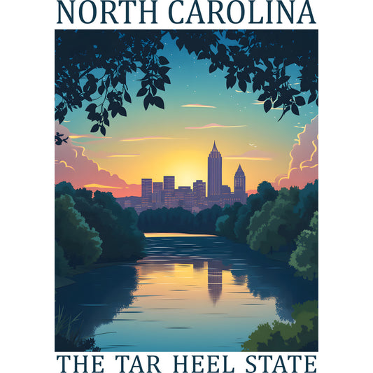 fabric panel, north carolina, tar heel state, city skyline, river scene, sunset colors, teal blue, golden yellow, coral pink, purple hues, water reflection, leafy branches, silhouette trees, evening sky, clouds, quilting cotton, travel poster style, scenic landscape, urban vista, peaceful water