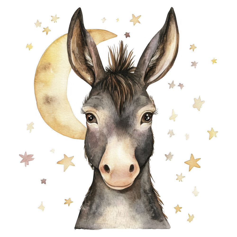 donkey, moon, stars, celestial, whimsical, animals, children's, baby, nursery, gray, tan, cream, beige, gold, soft, gentle, nighttime, dreamy, sweet, friendly, farmyard, rustic, charming, gender neutral, lullaby, storybook, magical, enchanted