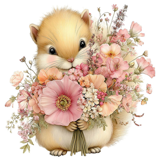 cute animal, hamster, guinea pig, rodent, woodland creature, pink flowers, coral flowers, peach flowers, cream flowers, gerbera daisy, floral bouquet, spring, summer, whimsical, sweet, gentle, nursery, baby, children's, pastel colors, soft colors, cream, tan, blush pink, dusty rose, coral, sage green, nature, garden, holding flowers