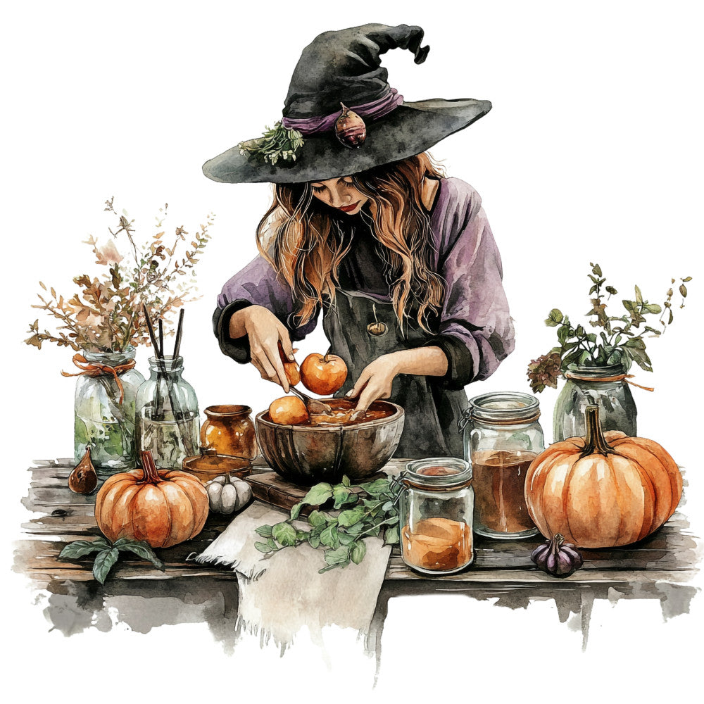 watercolor witch, autumn harvest, pumpkins, witch hat, brewing potion, purple robes, orange pumpkins, glass jars, dried herbs, wooden table, botanical elements, fall colors, rustic apron, long wavy hair, magic brewing, seasonal harvest, earthy tones, fabric panel, quilting cotton, witch craft scene