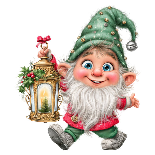 christmas, holiday, gnome, elf, whimsical, festive, red, green, gold, white, gray, vintage, traditional, lantern, bell, holly, berries, cheerful, jolly, decorative, winter, christmas gnome, seasonal, children's, playful, nostalgic, retro, magical, festive decor, holiday panel