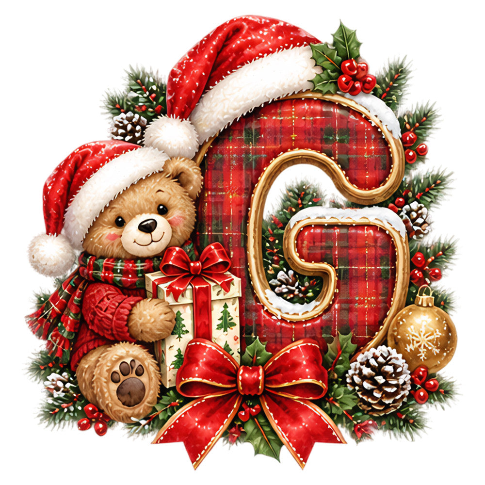 christmas, holiday, teddy bear, santa hat, red plaid, tartan, festive, traditional, whimsical, cute, pinecones, holly berries, gold accents, ribbons, bows, ornaments, evergreen, winter, seasonal, red and green, cream, rustic, cheerful, children's, gift themed, decorative panel, wall hanging, nursery