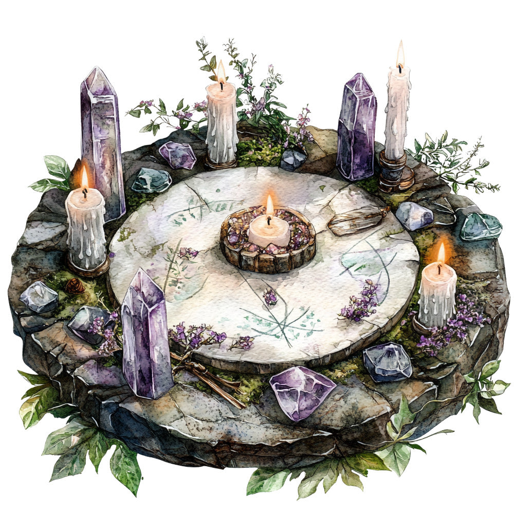 watercolor style, witch altar, purple crystals, amethyst points, lit candles, mystical circle, pentagram design, botanical elements, lavender flowers, green foliage, spiritual symbols, occult imagery, magical setup, fabric panel, quilting cotton, witchcraft theme, ritual space, crystal healing, candlelit scene, earthy tones