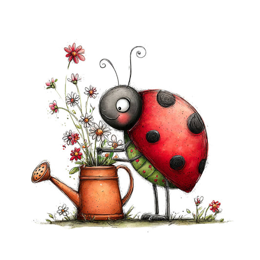 ladybug, whimsical, garden, flowers, nature, red, black, orange, green, watering can, insects, bugs, spring, summer, children's, cute, playful, whimsy, floral, botanical, character panel, storybook, illustration, farmhouse, decorative, charming, cheerful, bright colors, animal motifs