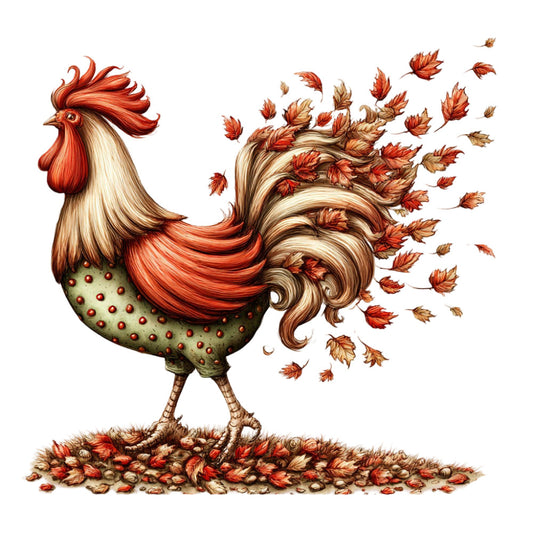 rooster, autumn leaves, fall, rust red, cream, sage green, burnt orange, tan, brown, whimsical, farmhouse, vintage, nature-inspired, birds, leaf motifs, flowing tail, decorative, illustration art, folk art style, rustic charm, country, seasonal, autumn harvest, thanksgiving, wall hanging, fall decor, earthy tones, artistic design