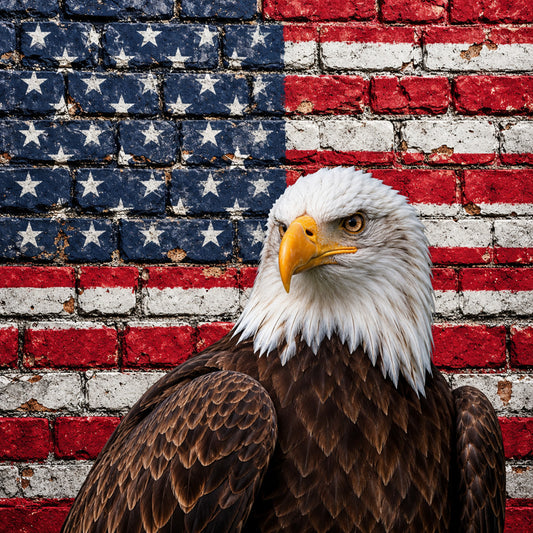 american flag, bald eagle, patriotic, stars and stripes, red white and blue, navy blue, gold, white, brown, wildlife, birds, americana, independence day, fourth of july, patriotic eagle, nature, majestic, traditional, bold, statement panel, wall hanging, home decor, symbolic, national pride, vintage americana, rustic patriotic, eagle portrait, iconic, freedom