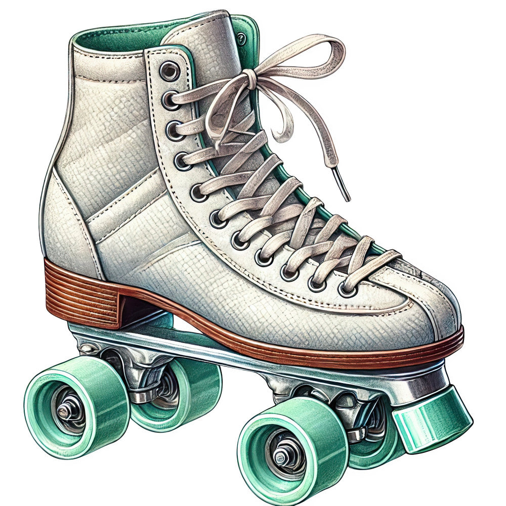 roller skate, vintage roller skates, retro skating, mint green, cream white, tan brown, nostalgic, 1970s style, 80s aesthetic, recreational sports, classic skates, wooden heel, quad wheels, lace-up boots, leisure activity, retro recreation, vintage sports, whimsical, playful, graphic illustration, detailed artwork, statement print, fashion illustration, hobby themed, sport motif, turquoise accents, neutral tones, youth culture, throwback style, retro fashion