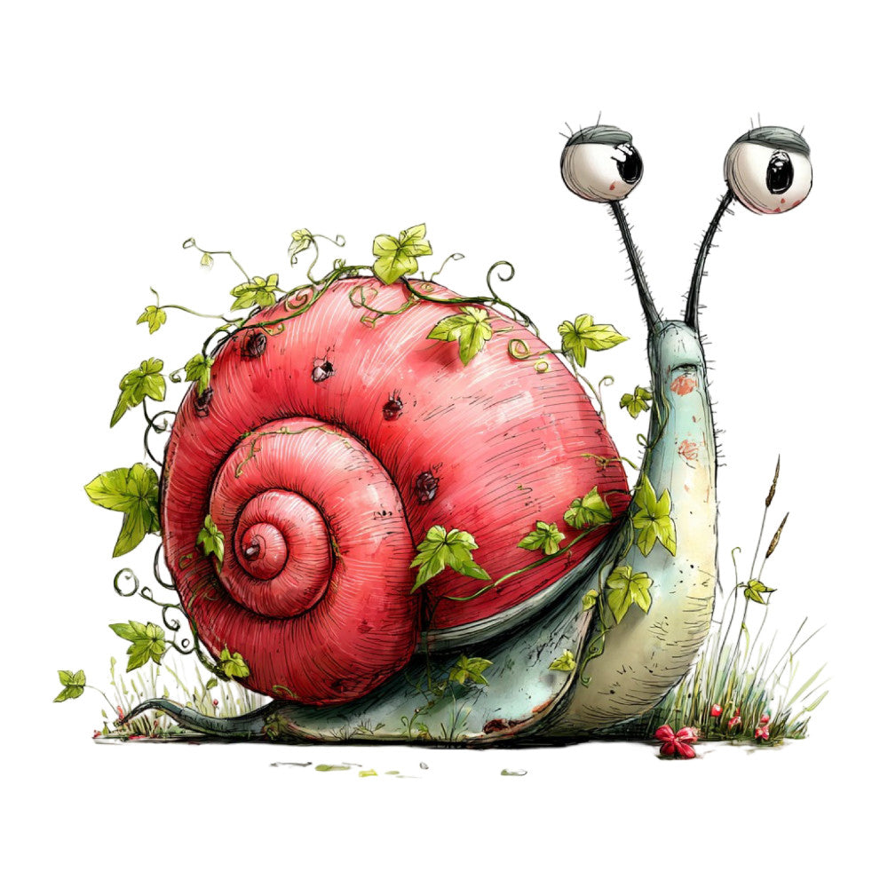 whimsical snail, coral red, sage green, cream, nature, garden, insects, ladybugs, botanical, spring, summer, children's, storybook, illustrated, cute animals, playful, watercolor, fantasy, woodland, decorative, curly shell, vines, leaves, flowers, soft, charming, nursery, baby, whimsy