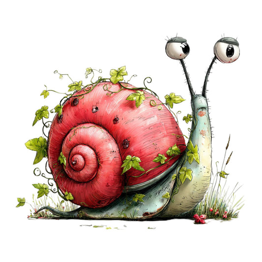 whimsical snail, coral red, sage green, cream, nature, garden, insects, ladybugs, botanical, spring, summer, children's, storybook, illustrated, cute animals, playful, watercolor, fantasy, woodland, decorative, curly shell, vines, leaves, flowers, soft, charming, nursery, baby, whimsy