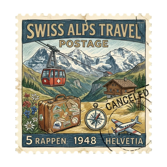 vintage travel, swiss alps, mountain landscape, postage stamp, retro aesthetic, travel themed, cabin, cable car, compass, airplane, suitcase, 1948, helvetia, cream, navy blue, forest green, rust red, tan, brown, alpine scenery, snow peaks, wildflowers, nostalgic, vintage postcards, adventure, wanderlust, rustic, traditional, european, swiss heritage