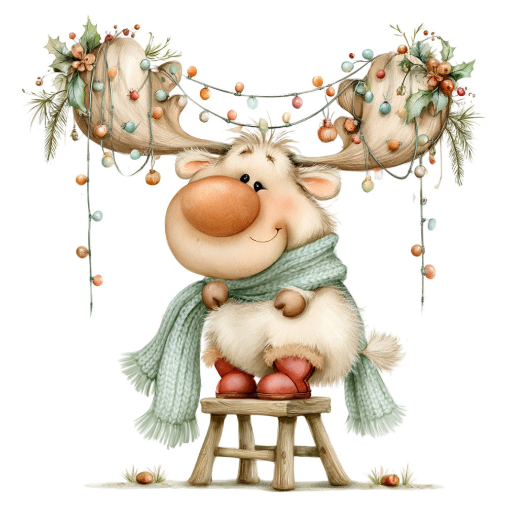 reindeer, christmas, holiday, winter, whimsical, cute, adorable, festive, cream, beige, tan, sage green, copper, bronze, rust orange, animals, woodland, rustic, cheerful, decorative, storybook, children, nursery, folk art, traditional, scarf, sweater, knit, cozy, seasonal