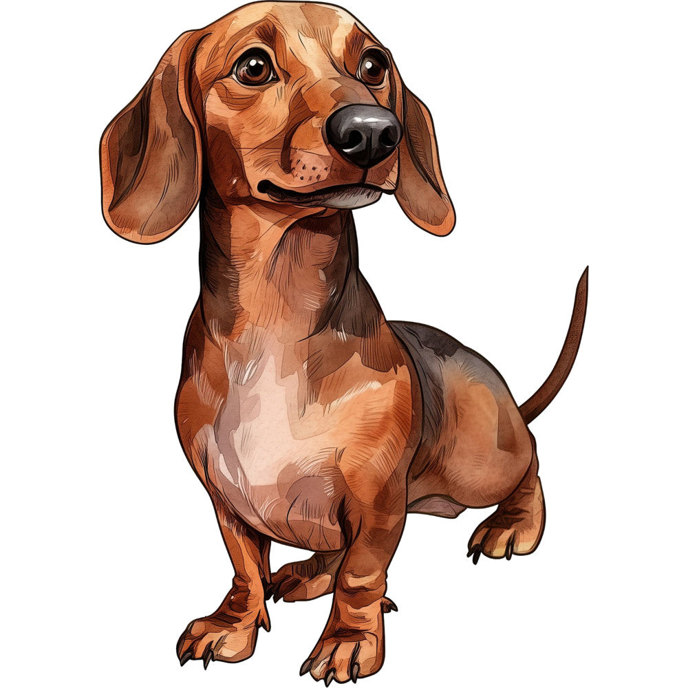 dachshund, dog, brown, tan, rust, chocolate brown, cream, animal portrait, pet lover, whimsical, cute, playful, kids, children, puppy, wiener dog, funny animals, humorous, cartoon style, illustrated, realistic, detailed, character, companion animals, pet themed, home decor, apparel, nursery