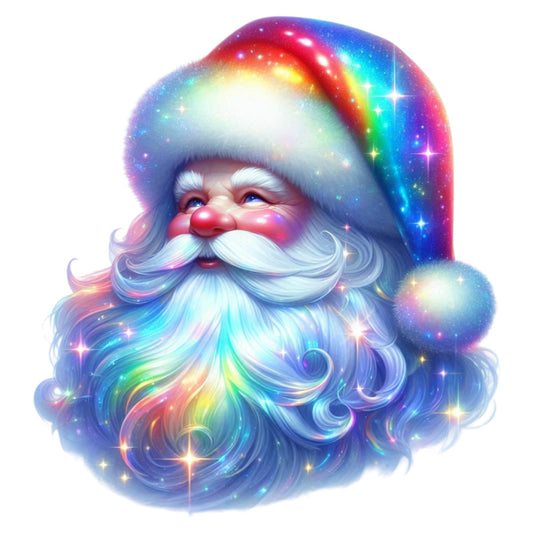 rainbow santa, celestial santa, galaxy santa, holographic santa, iridescent santa, multicolor santa, christmas holiday, santa claus, festive theme, whimsical style, magical sparkle, starry night, cosmic design, aurora borealis, pastel rainbow, bright multicolor, christmas panel, holiday decor, jolly santa, fantasy theme, enchanted style, glittery effect, luminous design, winter holiday, seasonal christmas, children's fabric, novelty print, sparkly embellishment, dreamlike aesthetic