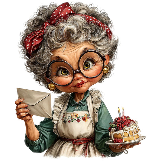 grandma, vintage, retro, whimsical, humorous, novelty, character panel, gray hair, glasses, red polka dot, forest green, cream, floral apron, birthday cake, raspberry, baking theme, kitchen, culinary, nostalgia, mid-century, playful, cute, illustration, portrait, lady, woman, dessert, baker, charming, traditional