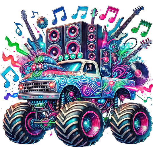 neon pink, electric blue, vibrant cyan, magenta, lime green, purple, turquoise, colorful, music themed, musical notes, guitars, speakers, retro truck, vintage car, monster truck, big wheels, music festival, concert, rock and roll, whimsical, playful, bold, energetic, modern, urban, abstract splatter, graffiti style, youth culture, party theme, entertainment