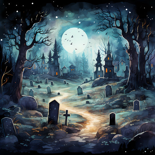 midnight blue, teal, navy, ghostly white, silver, amber gold, haunted house, gothic, cemetery, graveyard, tombstones, full moon, spooky, halloween, autumn, night sky, stars, birds in flight, bare trees, twisted branches, dark fantasy, whimsical, eerie, mystical, celestial, moonlit, creepy, horror, witchy, october