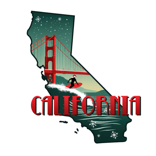 Christmas US States Fabric Panel 46 showing California with Golden Gate Bridge, surfer, snowflakes, and festive holiday design.