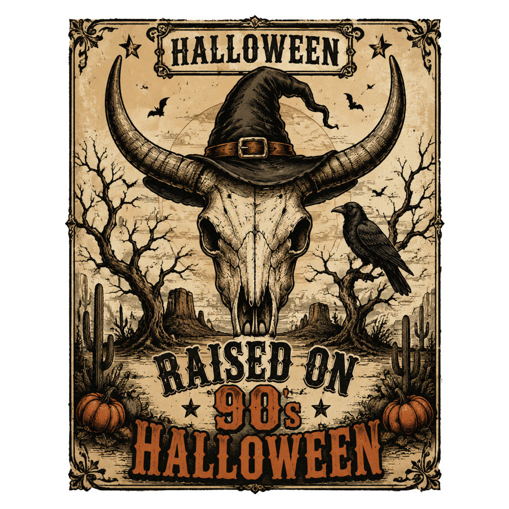 halloween, vintage, western, witch hat, skull, horns, witchy, spooky, 90s nostalgia, retro, desert, cactus, pumpkin, raven, black, tan, cream, orange, rust, gothic, vintage halloween, day of the dead, celestial, stars, dead trees, bones, traditional, dark academia, occult, horror theme