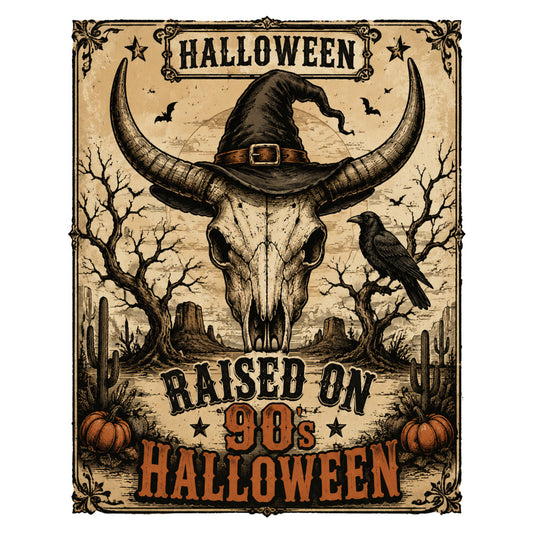 halloween, vintage, western, witch hat, skull, horns, witchy, spooky, 90s nostalgia, retro, desert, cactus, pumpkin, raven, black, tan, cream, orange, rust, gothic, vintage halloween, day of the dead, celestial, stars, dead trees, bones, traditional, dark academia, occult, horror theme