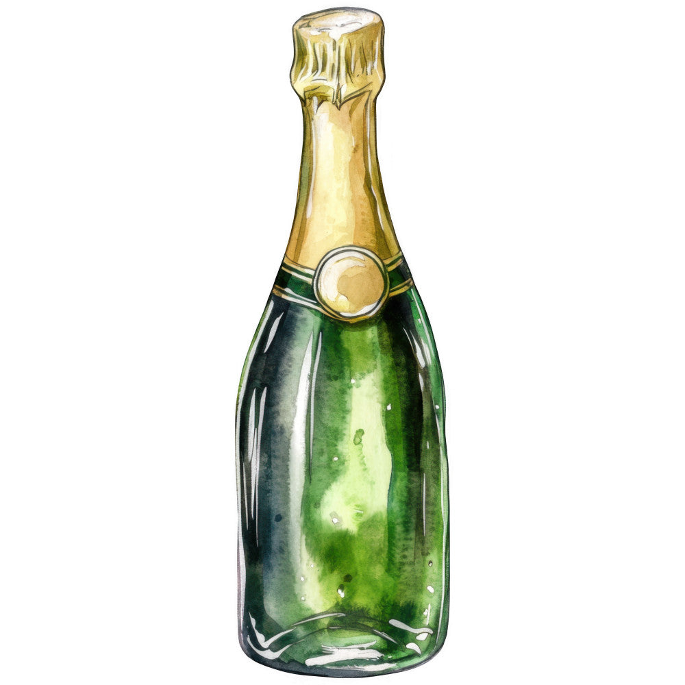 green glass, gold foil, champagne bottle, watercolor style, celebration theme, emerald green, metallic gold, translucent glass, beverage illustration, festive design, fabric panel, quilting cotton, realistic rendering, luxury items, party motif, bottle neck, cork top, reflective surface, artistic watercolor, celebratory mood