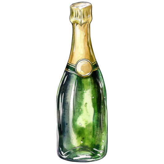 green glass, gold foil, champagne bottle, watercolor style, celebration theme, emerald green, metallic gold, translucent glass, beverage illustration, festive design, fabric panel, quilting cotton, realistic rendering, luxury items, party motif, bottle neck, cork top, reflective surface, artistic watercolor, celebratory mood