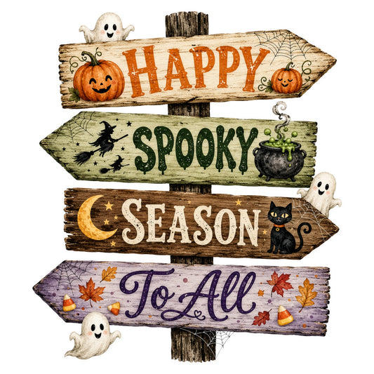 halloween, spooky, autumn, fall, witches, ghosts, pumpkins, black cats, cauldron, broomsticks, moon, stars, spider webs, candy corn, leaves, rustic, farmhouse, whimsical, orange, green, cream, purple, brown, wood grain, directional sign, seasonal decor, wall hanging, holiday, october, trick or treat