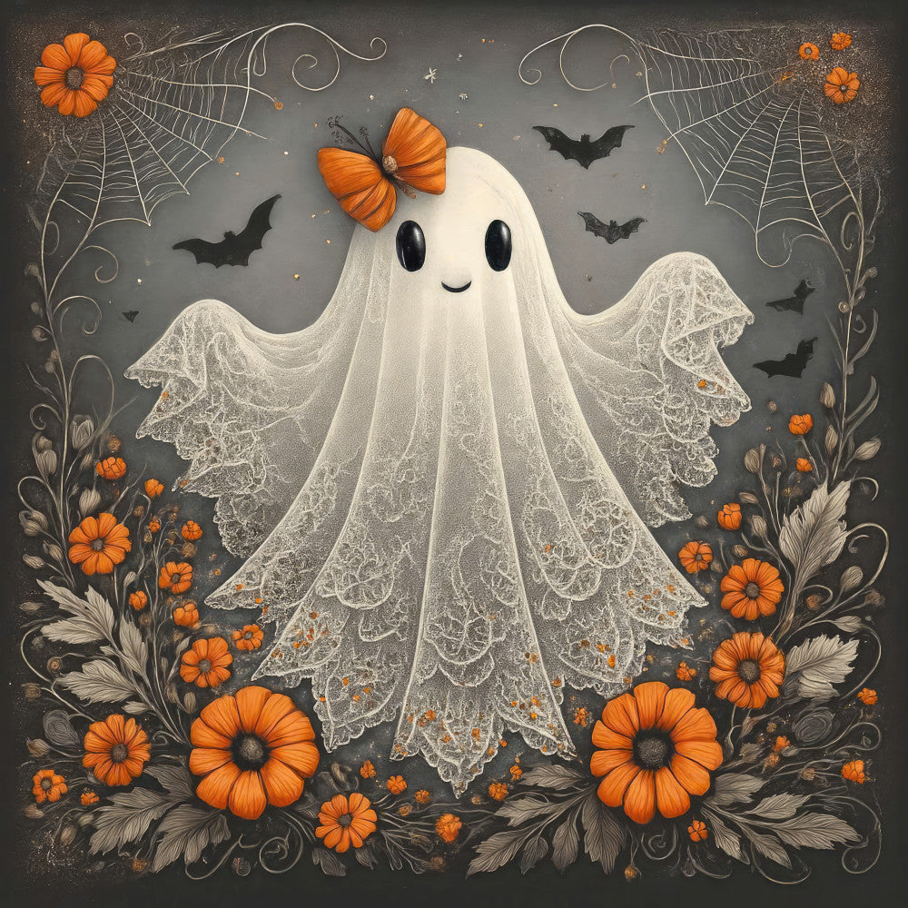 ghost, halloween, autumn, fall, orange, cream, ivory, white, gray, charcoal, floral, spiderweb, bat, lace, whimsical, elegant, vintage, spooky, festive, daisy, gerbera, flower, seasonal, holiday, decorative, ornamental, gothic, enchanted, magical, haunted