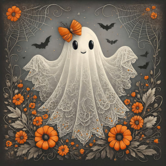 ghost, halloween, autumn, fall, orange, cream, ivory, white, gray, charcoal, floral, spiderweb, bat, lace, whimsical, elegant, vintage, spooky, festive, daisy, gerbera, flower, seasonal, holiday, decorative, ornamental, gothic, enchanted, magical, haunted