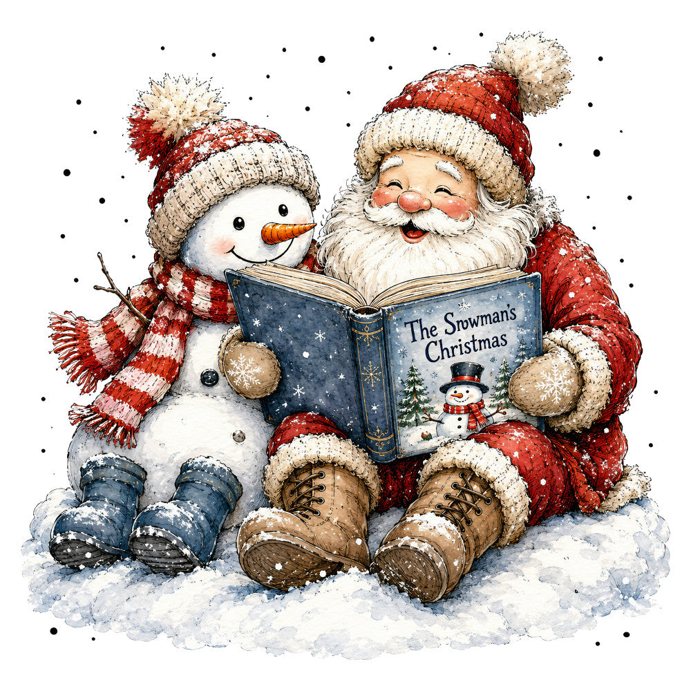 christmas, holiday, santa, snowman, red and white, cream, beige, tan, navy blue, winter, snow, festive, whimsical, vintage, traditional, storybook, children's, seasonal, nostalgic, cozy, heartwarming, reading, book, characters, striped scarf, knit hat, boots, snow scene, decorative panel, wall hanging