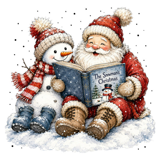 christmas, holiday, santa, snowman, red and white, cream, beige, tan, navy blue, winter, snow, festive, whimsical, vintage, traditional, storybook, children's, seasonal, nostalgic, cozy, heartwarming, reading, book, characters, striped scarf, knit hat, boots, snow scene, decorative panel, wall hanging