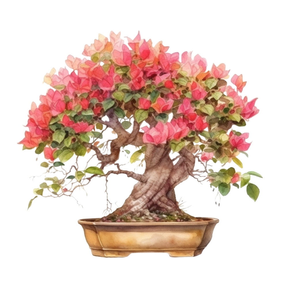 bonsai tree, watercolor style, pink blossoms, coral flowers, green leaves, brown trunk, golden pot, ceramic planter, botanical art, nature scene, flowering tree, fabric panel, quilting cotton, asian inspired, peaceful mood, soft pastels, artistic illustration, spring blooms, miniature tree, zen garden