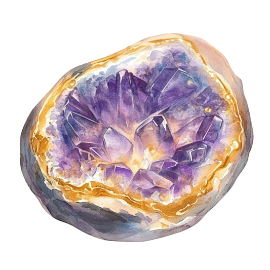 amethyst purple, deep purple, lavender, pale purple, golden yellow, amber, warm white, geode, crystal, mineral, stone, abstract, nature-inspired, bohemian, elegant, modern, celestial, geological, mystical, spiritual, gemstone, rock formation, natural texture, earth tones, metallic accents, artistic, contemporary, sophisticated, decorative panel, wall art