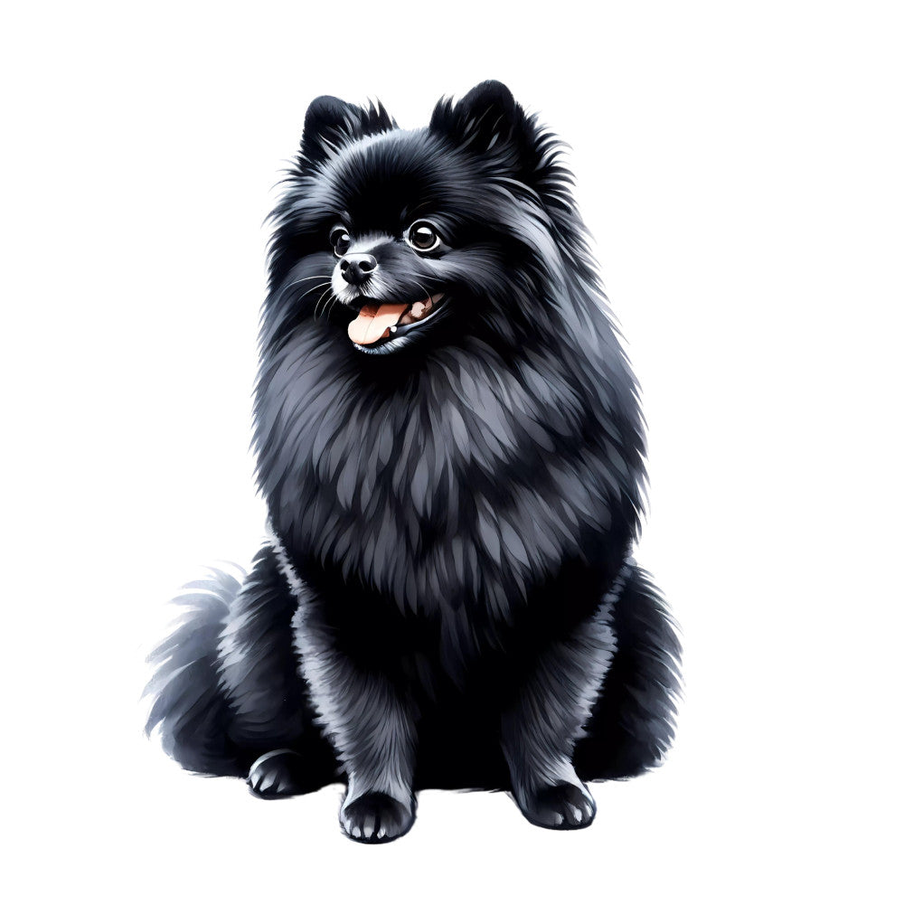 black pomeranian, dog portrait, fluffy dog, small dog breed, black and white, charcoal gray, smiling dog, happy expression, cute animals, pet lovers, animal illustration, whimsical style, playful, friendly, companion animals, dog themed, black fluffy coat, spitz breed, toy dog, cheerful expression, decorative panel, novelty print, animal motifs, contemporary style, pet fabric, dog lovers gift, children's theme, playful animals