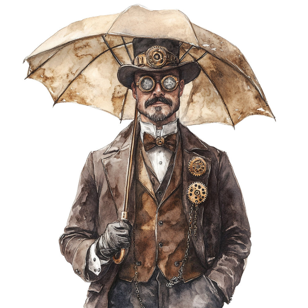 steampunk, victorian, gentleman, top hat, goggles, gears, mechanical, brass, copper, brown, tan, cream, beige, sepia, vintage, industrial, nautical, formal wear, bowler hat, watch, chains, elegant, masculine, retro, antique, explorer, adventure, nostalgia