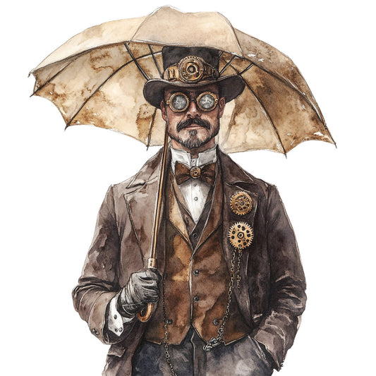 steampunk, victorian, gentleman, top hat, goggles, gears, mechanical, brass, copper, brown, tan, cream, beige, sepia, vintage, industrial, nautical, formal wear, bowler hat, watch, chains, elegant, masculine, retro, antique, explorer, adventure, nostalgia